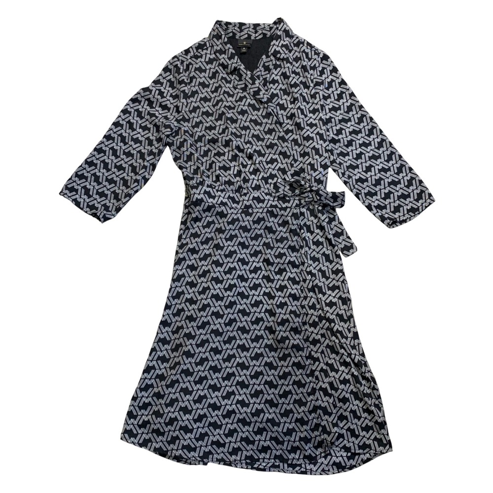 Worthington Wrap Dress Geometric‎ Print 3/4 Sleeve Career Casual Black Size 10